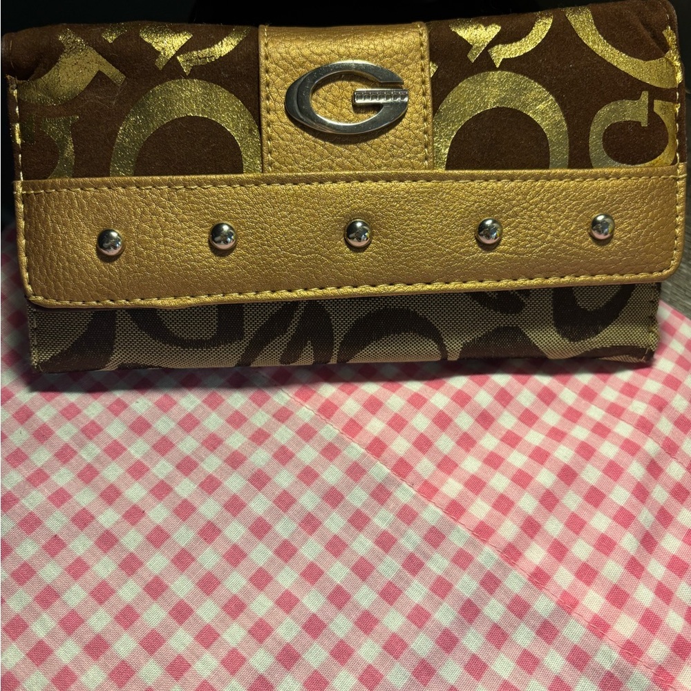 Guess Brown and Gold Wallet with Monogram Design